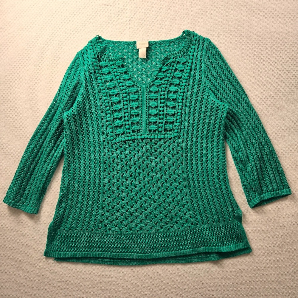 Chicos Green Crochet Open Knit Mesh Sweater 3/4 Sleeve Top Women 1 M Cottage